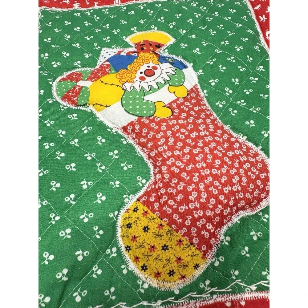 Vintage Handmade Quilted Christmas Wall Hanging‎ Stocking with Clown Appliqué